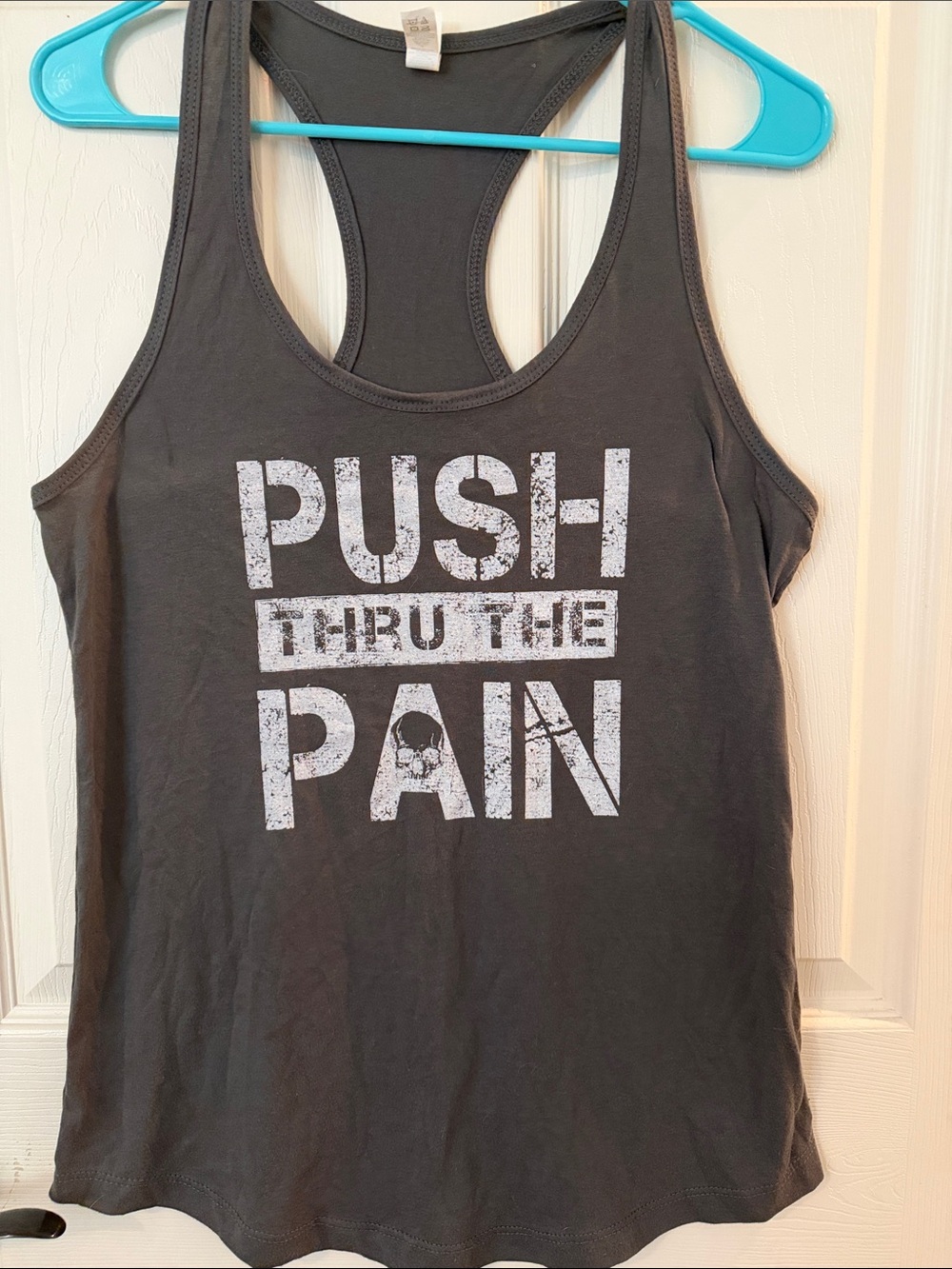 Women's Charcoal Racerback Tank Top with 'PUSH THRU THE PAIN' Graphic